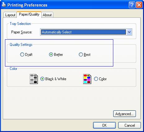 Screen shot of the Quality Settings area on the Printing Preferences dialog box