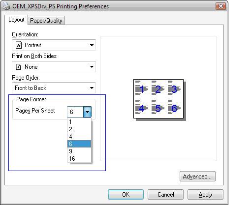 Screen shot of the Pages per Sheet option on the Printing Preferences dialog box