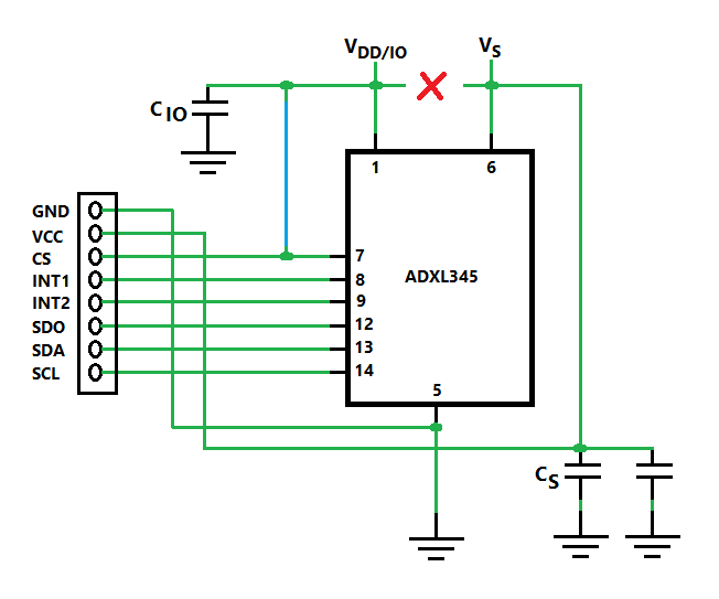 diagram of adxl345 accelerometer breakout board after modifications.