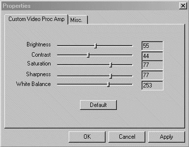 screen shot of a properties dialog box showing how user-interface elements, such as sliders and scrollbars, use default values and ranges.