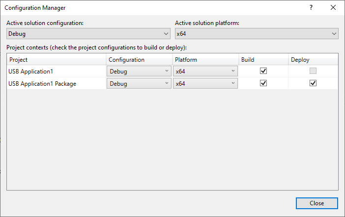 Screenshot that shows the "Configuration Manager" window with "Debug" and "x64" selected.