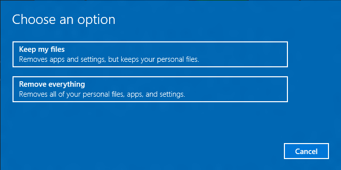 Screenshot shows options: Keep my files, or Remove Everything