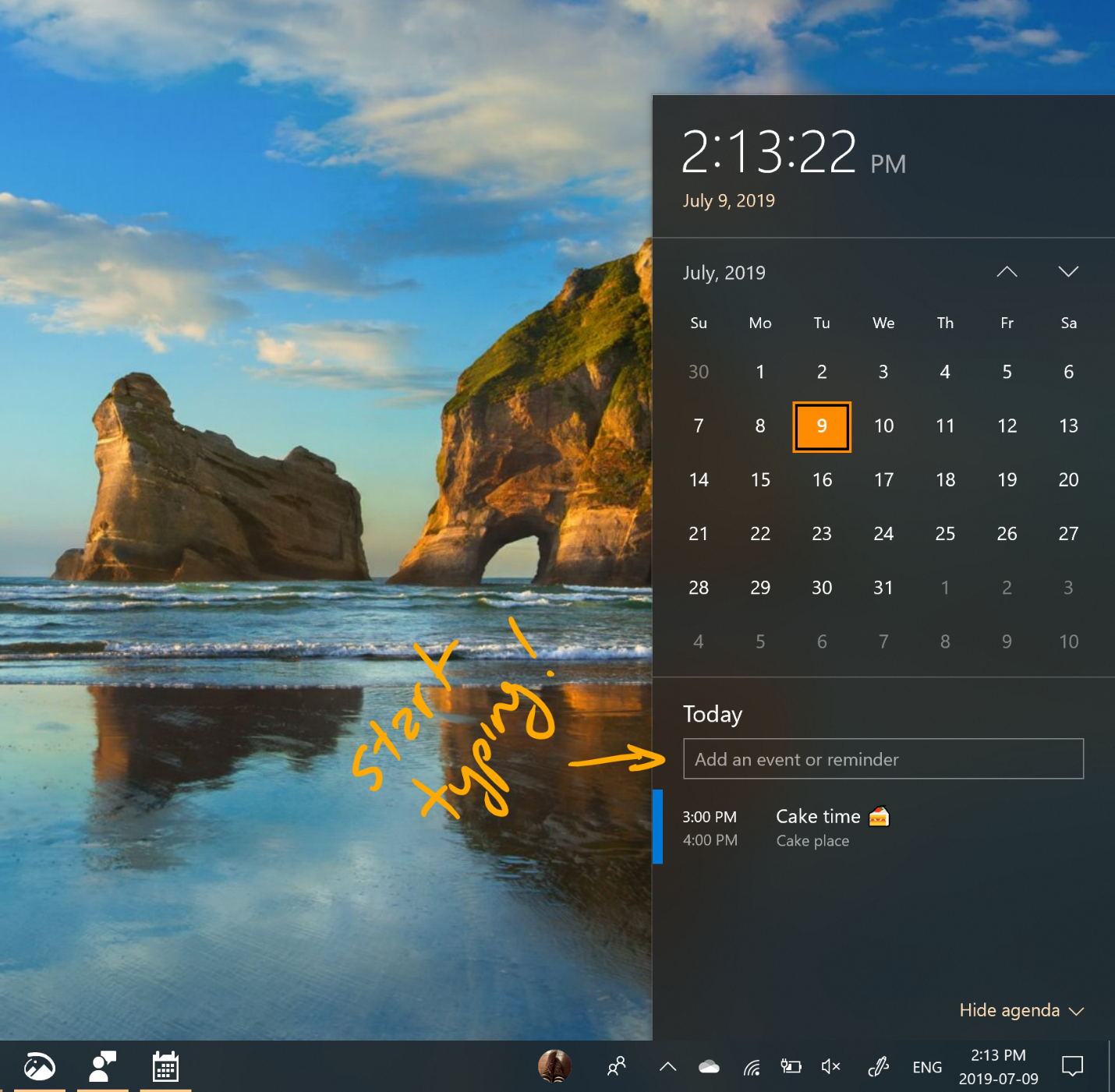Seeing and adding events to your calendar from the taskbar flyout