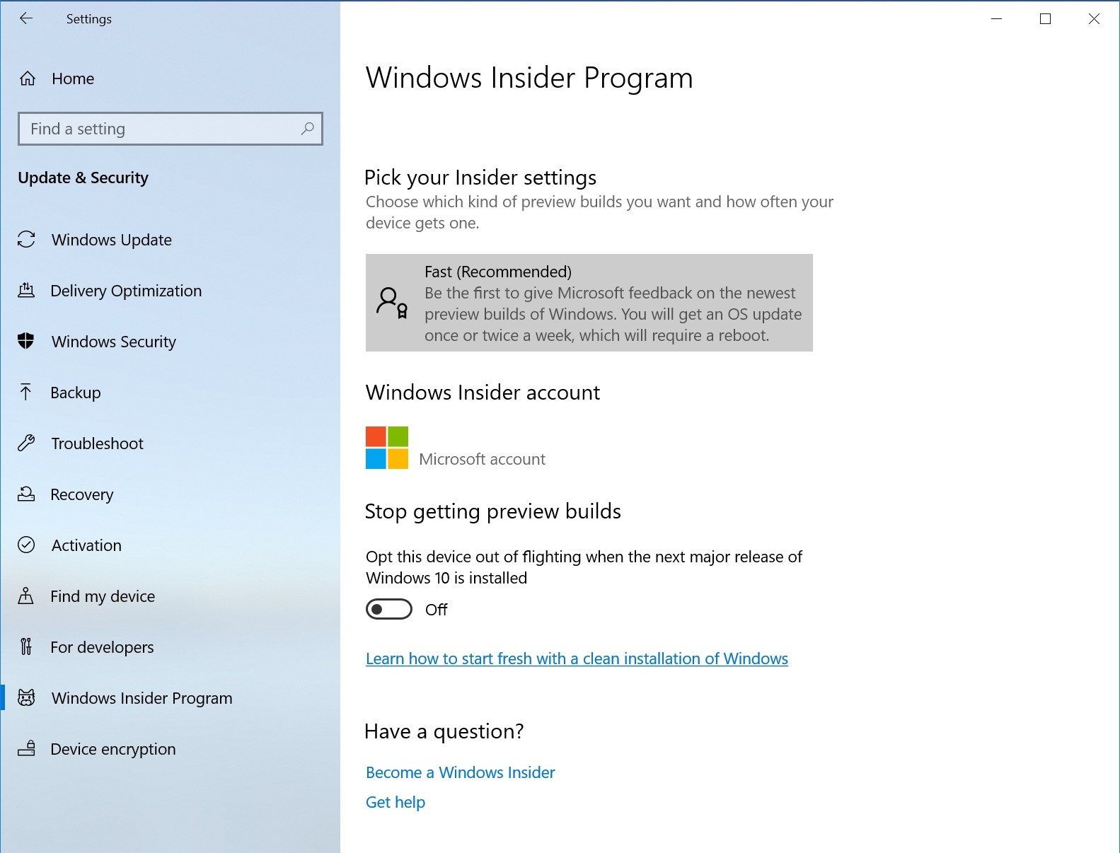 A simpler Windows Insider Program Settings page.