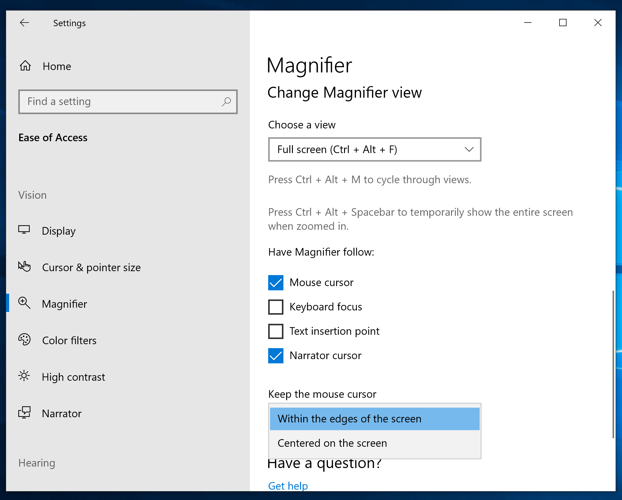Magnifier settings, Keep the mouse cursor, centered on the screen option.