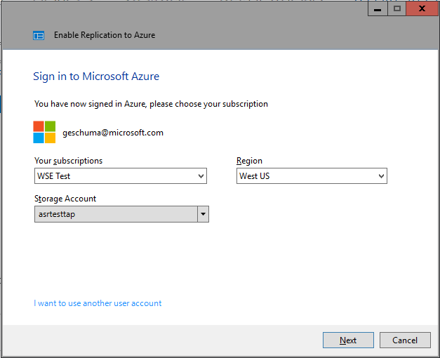 A screenshot showing the Sign In To Microsoft Azure page of the Enable Replication To Azure wizard. Because the user has signed into Microsoft Azure, this page provides options for selecting a subscription, storage account, and region.