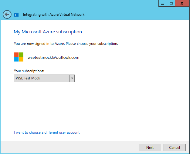 A screenshot showing the My Microsoft Azure Subscription page of the Integrating with Azure Virtual network wizard.