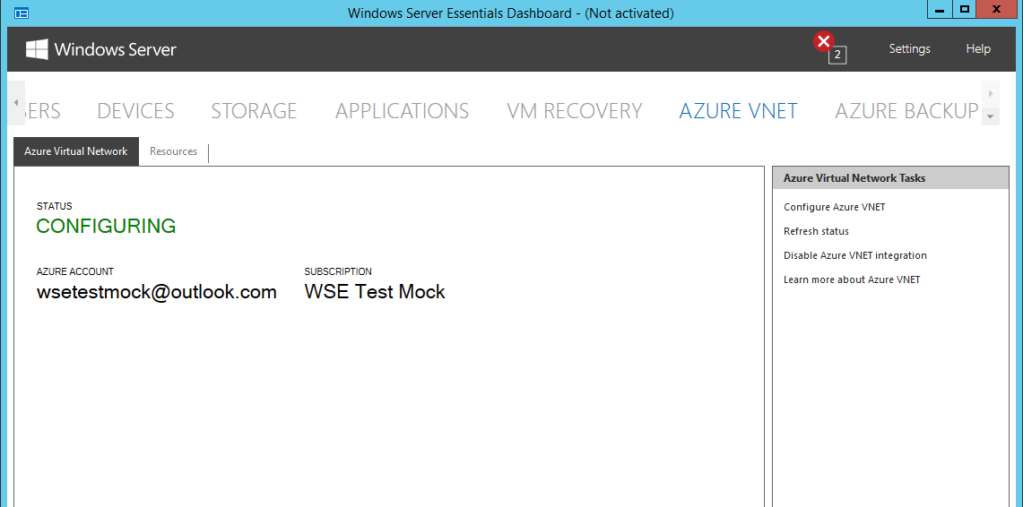 A screenshot showing the Azure VNet page of the Windows Server Essentials dashboard. The Azure Virtual network tab is selected and shows the status as Configuring.