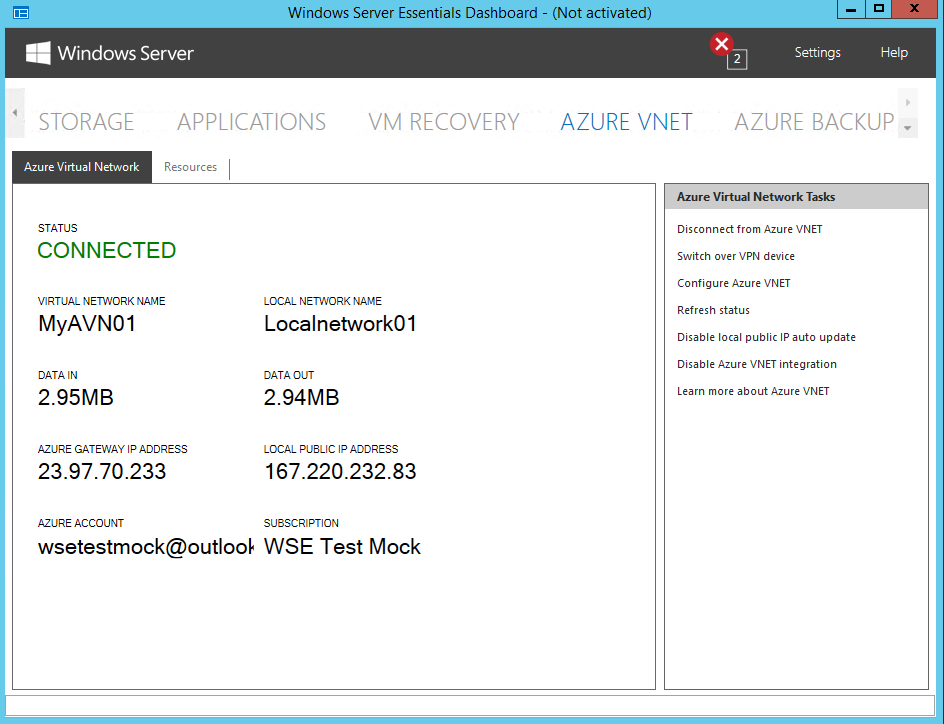 A screenshot showing the Azure VNet page of the Windows Server Essentials dashboard. The Azure Virtual network tab is selected and shows the status as Connected, and under this status information the details of the virtual network are displayed.