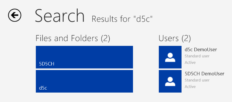 A screenshot showing the use of the Search feature of the Windows Server Essentials dashboard to search for the string "d5c." The results of this search include two files and folders and two users.
