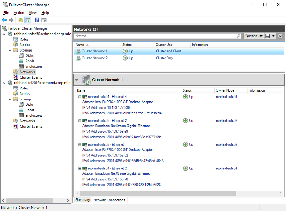 Screencap of two clusters using multiple NICs in the same subnet to leverage SMB multichannel