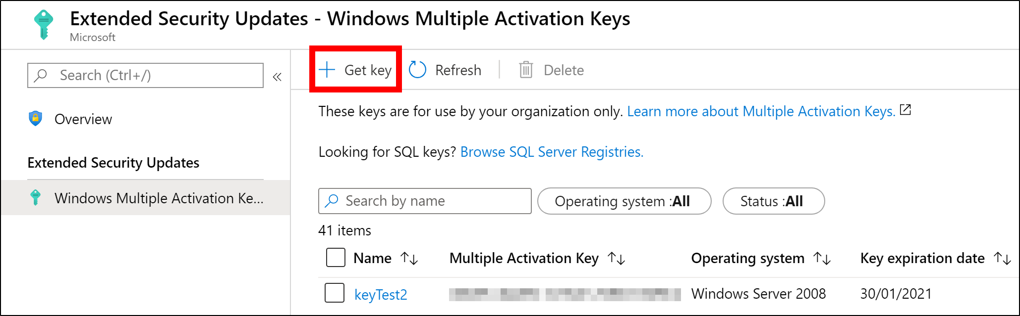 Choose to create a key in the Azure Portal