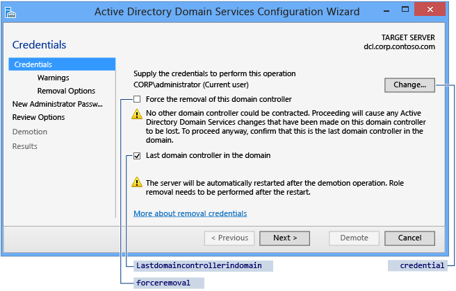Active Directory Domain Services Configuration Wizard - Credentials selection