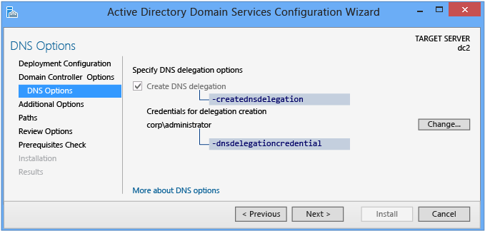 Screenshot that shows the DNS Options page in the Active Directory Domain Services Configuration Wizard.