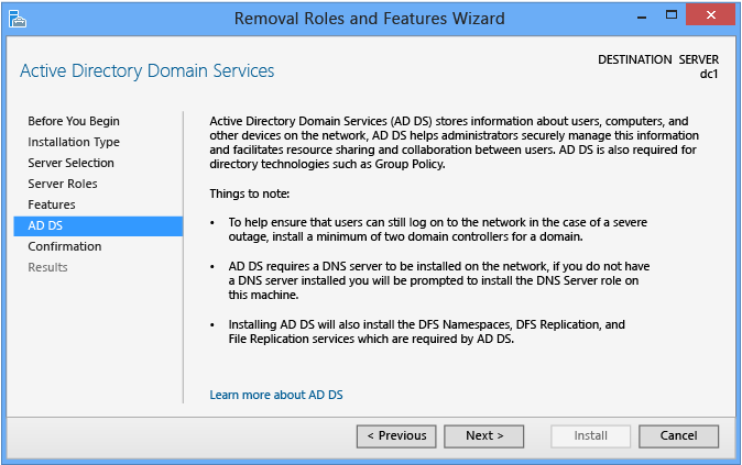 Screenshot that shows the AD DS page in the Removal Roles and Features Wizard.