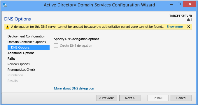 Screenshot that shows the DNS Options in the Active Directory Domain Services Configuration Wizard.