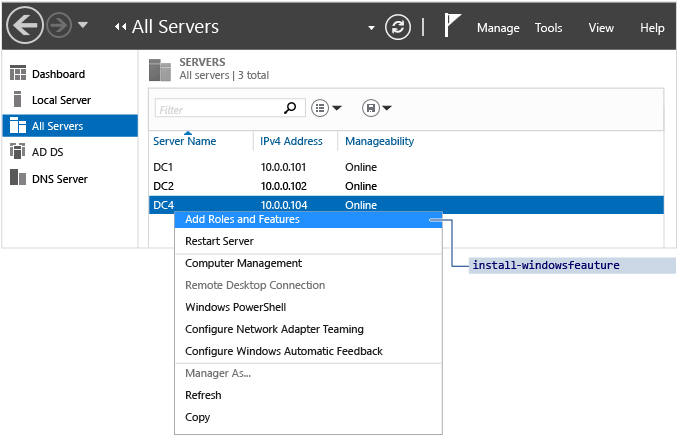 Screenshot that shows how you can install roles remotely on any Windows Server 2012 computers added the to pool.