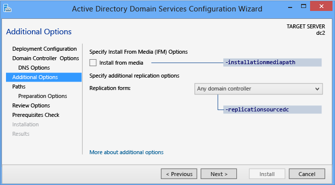 Screenshot that shows where you can find the configuration option to name a domain controller as the replication source.