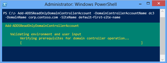 Screenshot of the PowerShell window showing the result of the Add-addsreadonlydomaincontrolleraccount cmdlet.