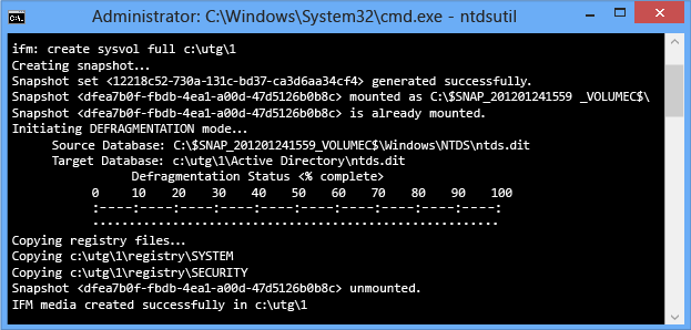 Screenshot of the Command Prompt window showing the results of running ntdsutil when there is no staging deployment.