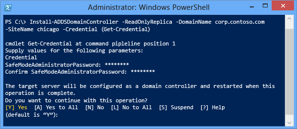 Screenshot of the PowerShell window showing the result of the Install-addsdomaincontroller cmdlet when there is no staging deployment.
