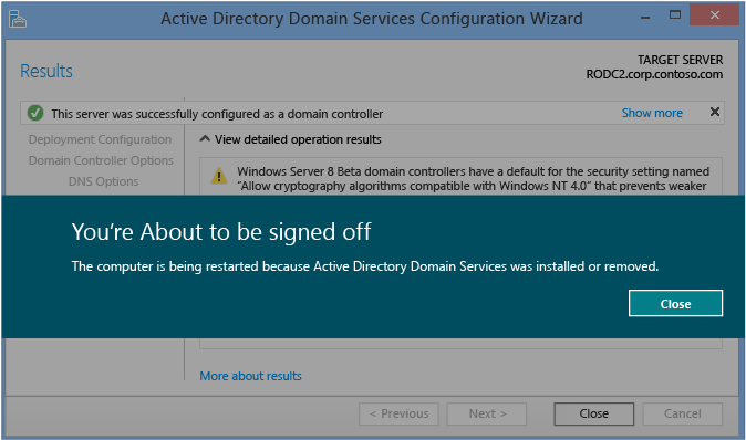 Screenshot of the Results page of the Active Directory Domain Services Configuration Wizard.