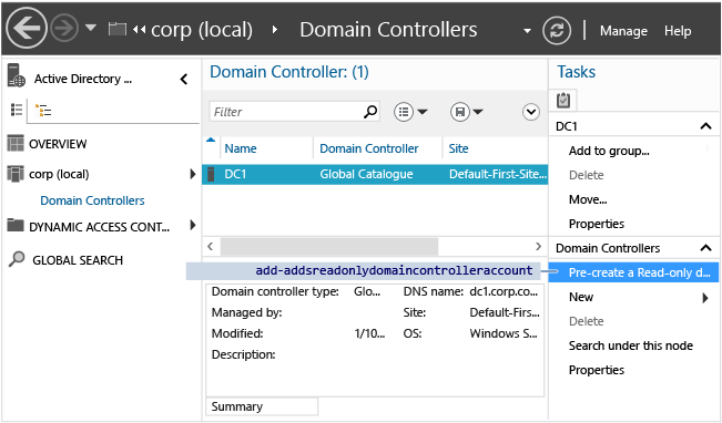 Screenshot of the Active Directory Administrative Center showing the Pre-create a Read-only domain controller account option highlighted in the Tasks pane.