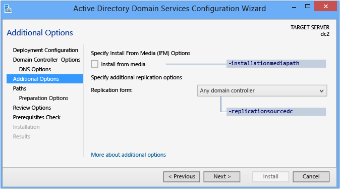 Screenshot of the Additional Options page of the Active Directory Domain Services Configuration Wizard when there is no staging deployment.