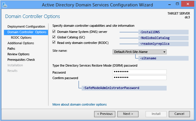 Screenshot of the Domain Controller Options page of the Active Directory Domain Services Configuration Wizard when there is no staging deployment.