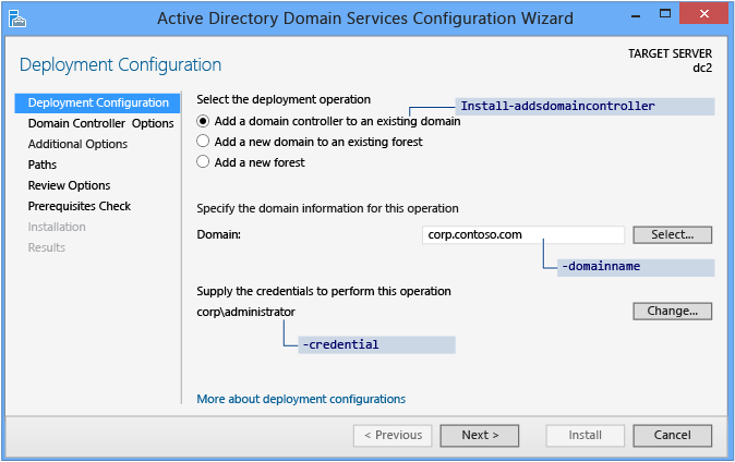 Screenshot of the Deployment Configuration page of the Active Directory Domain Services Configuration Wizard.