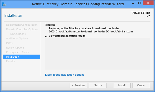 Screenshot of the Installation page of the Active Directory Domain Services Configuration Wizard when there is no staging deployment.