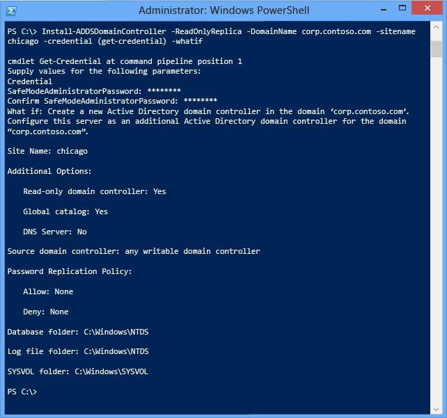 Screenshot of the PowerShell window showing the results of the Install-ADDSDomainController cmdlet when there is no staging deployment.