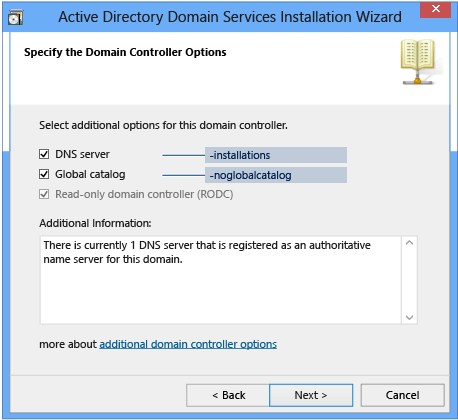 Screenshot of the Specify the Domain Controller Options page of the Azure Directory Domain Services Installation Wizard.