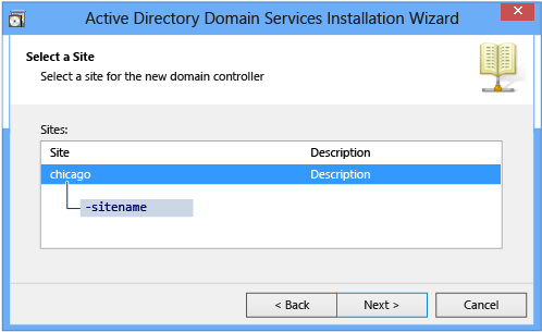 Screenshot of the Select a Site page of the Azure Directory Domain Services Installation Wizard.