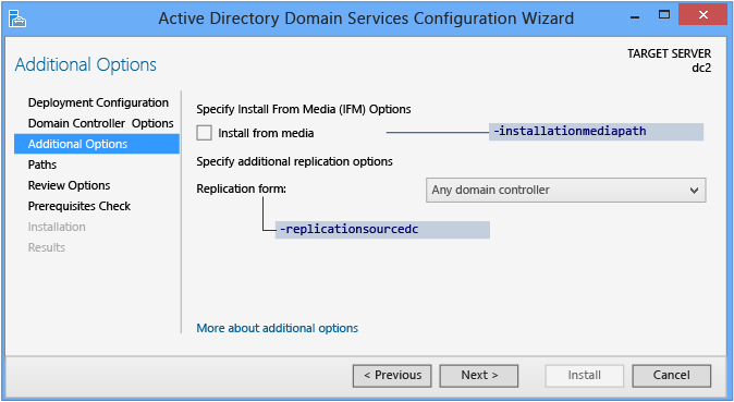 Screenshot of the Additional Options page of the Active Directory Domain Services Configuration Wizard.