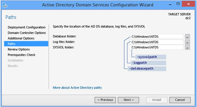 Screenshot of the Paths page of the Active Directory Domain Services Configuration Wizard.