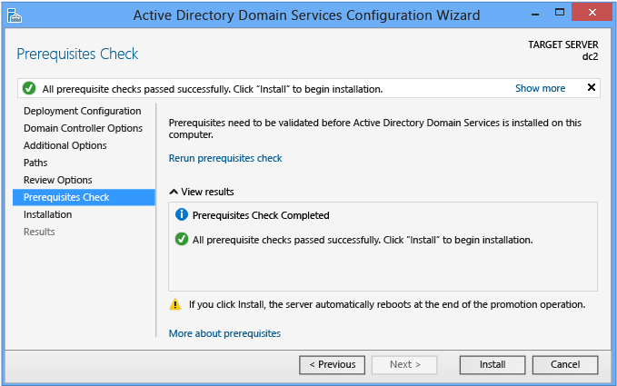 Screenshot of the Prerequisites Check page of the Active Directory Domain Services Configuration Wizard.