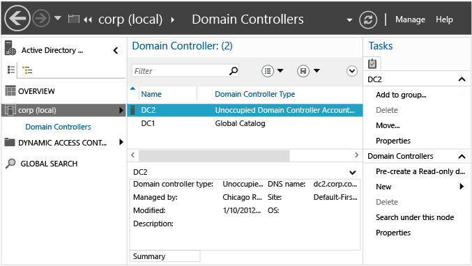 Screenshot of the Active Directory Administrative Center showing Unoccupied Domain Controller Account highlighted.