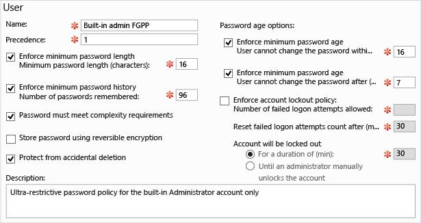 Screenshot that shows the Password Settings editor for creating or editing Fine-Grained Password Policies.