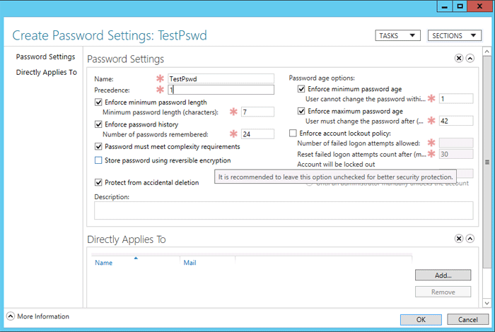 Screenshot that shows how to create or edit password settings.