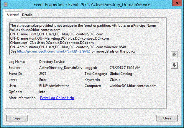 Screenshot that shows ARABIC 2 Event ID 2974 with error 8648.