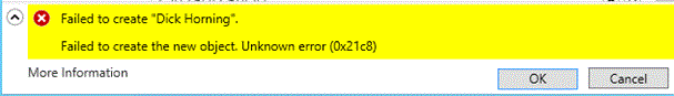 Screenshot that shows a user creation error on non-Windows Server 2012 R2 while targeting Windows Server 2012 R2 DC.