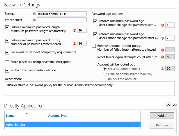 Screenshot that shows the Active Directory Administrative Center Fine-Grained Password Policy graphical interface.