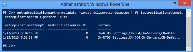 Screenshot that shows the last time a domain controller replicated inbound and its partners, in a table format.