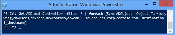 Screenshot that shows how to replicate a deleted account from the Active Directory Recycle Bin to all domain controllers without forcing replication of all the other object changes made.
