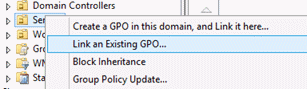 Screenshot that highlights the Link an existing GPO menu option.