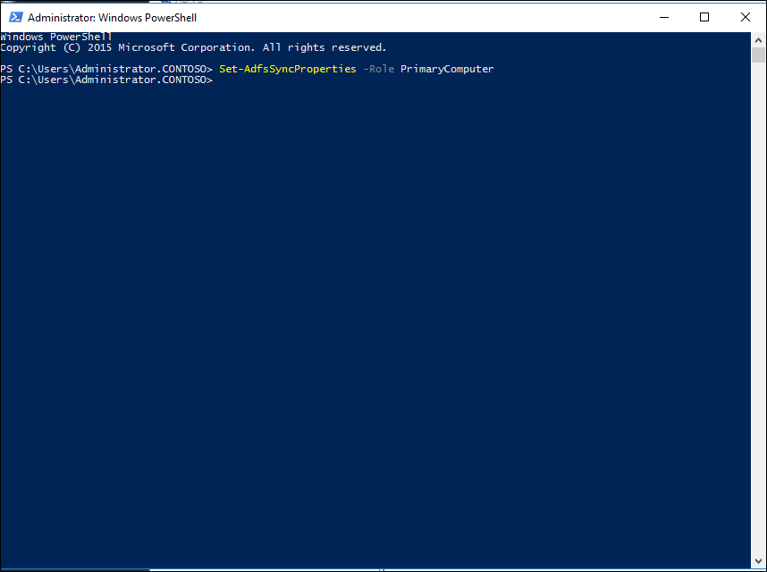 Screenshot of a terminal window that shows how to use the Set-AdfsSyncProperties -Role PrimaryComputer cmdlet.