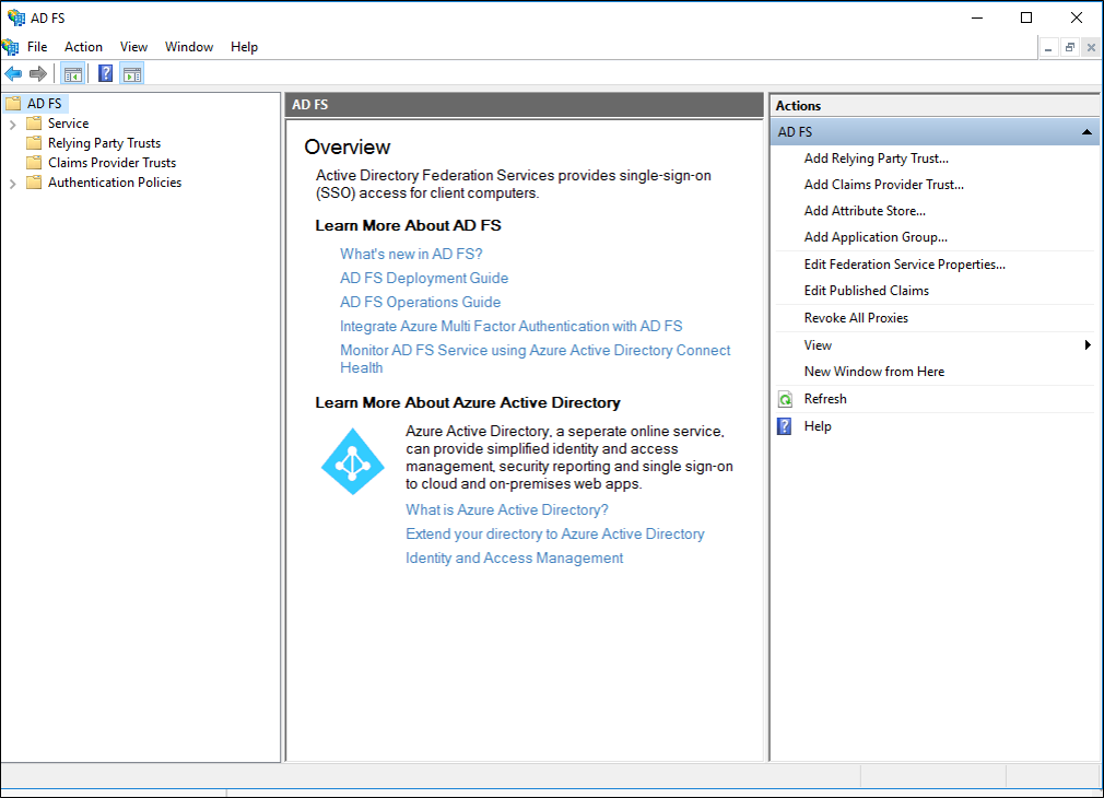 Screenshot that shows the Windows Server 2016 federation server open AD FS Management window.