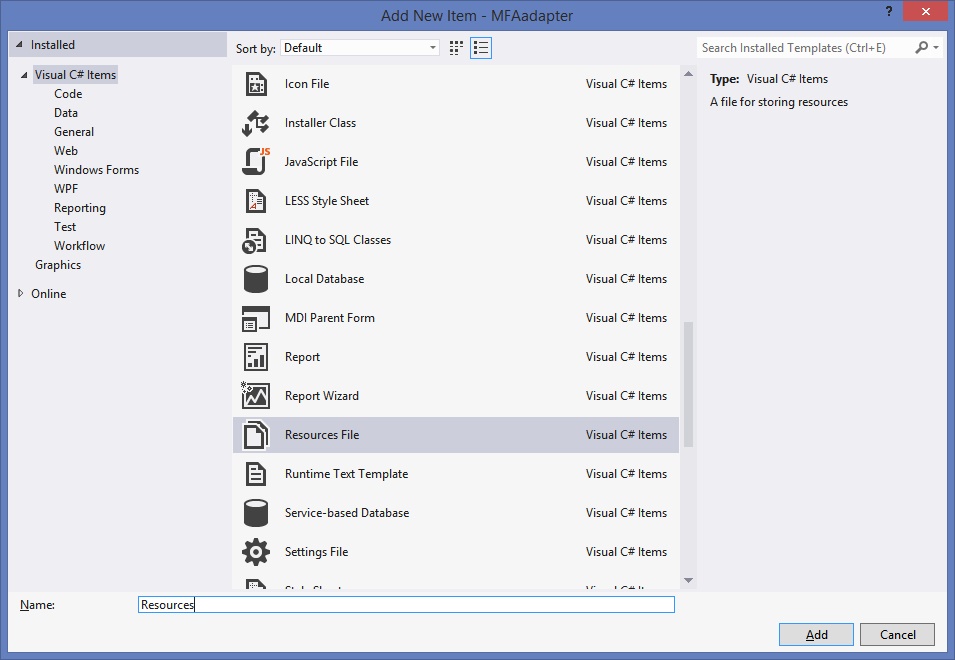 Screenshot of the Add New Item dialog box showing Resource File selected.