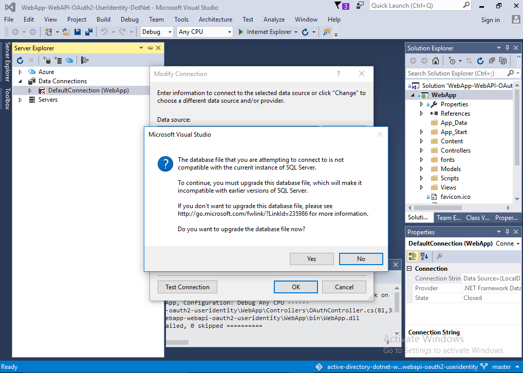 Screenshot that shows the dialog box for upgrading the database.